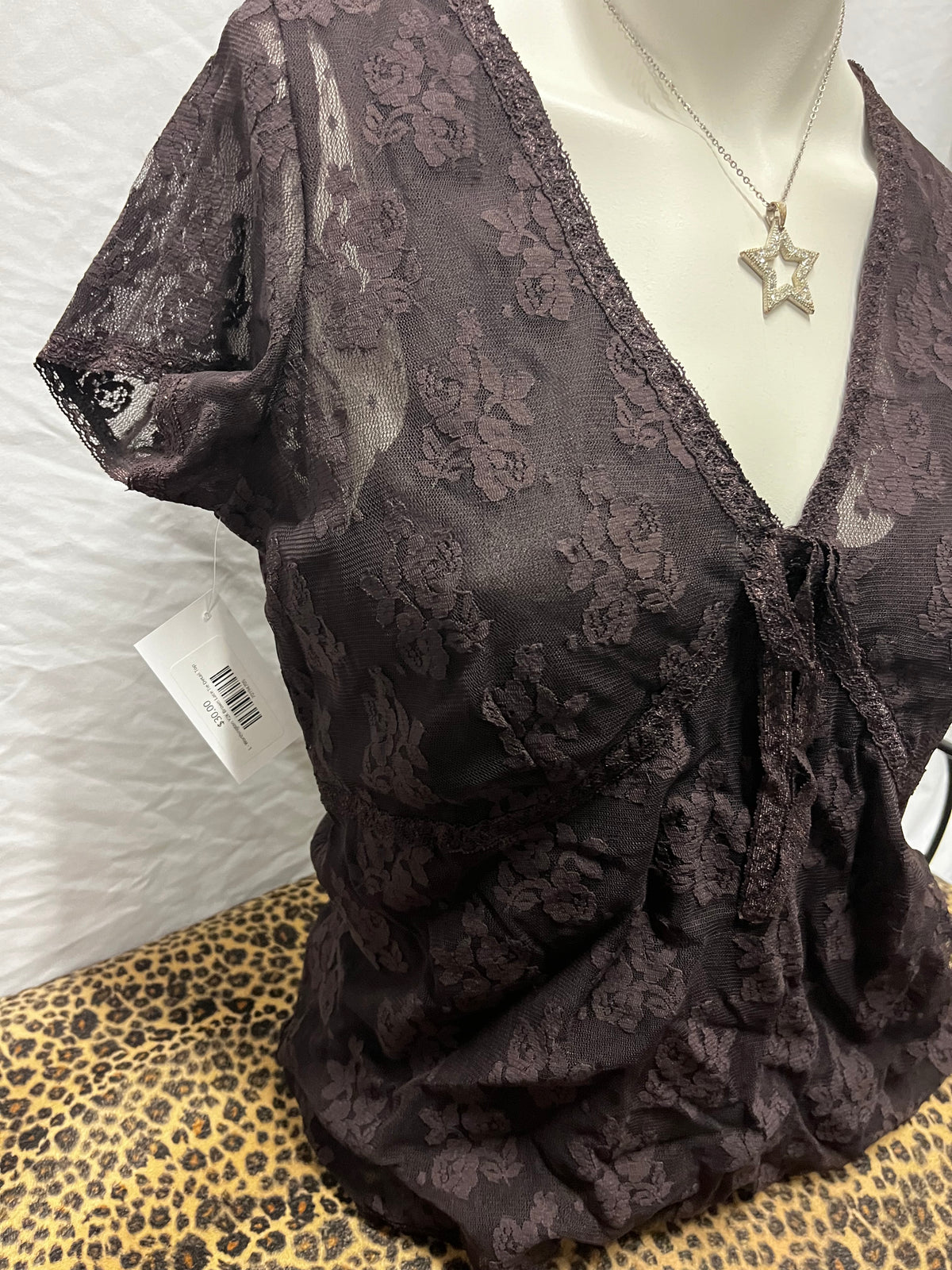 L - Worthington Y2K Brown Lace Tie Detail Top