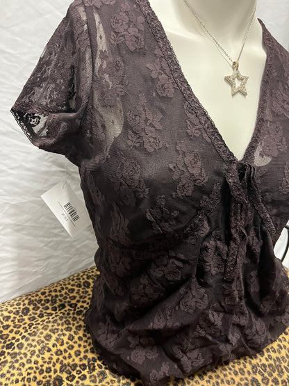 L - Worthington Y2K Brown Lace Tie Detail Top