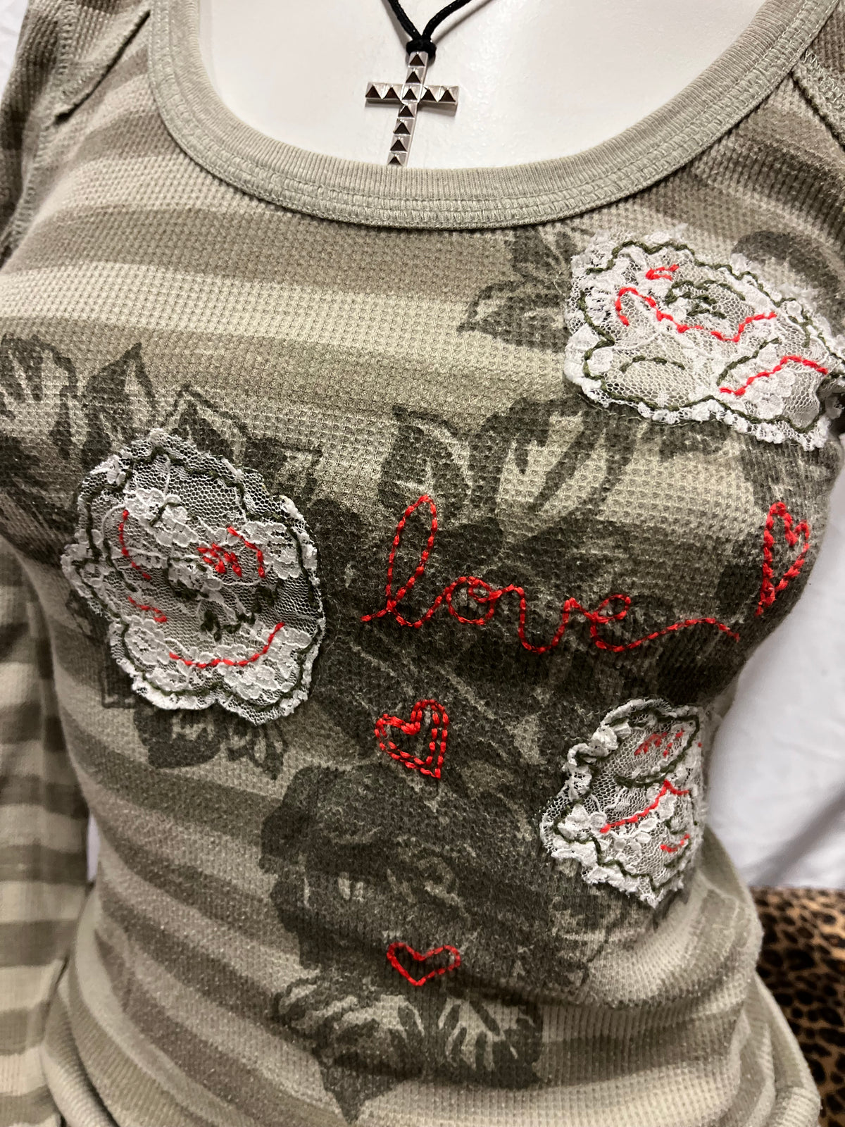 M - Decree Y2K Stripe + Flower Thermal Long Sleeve Top