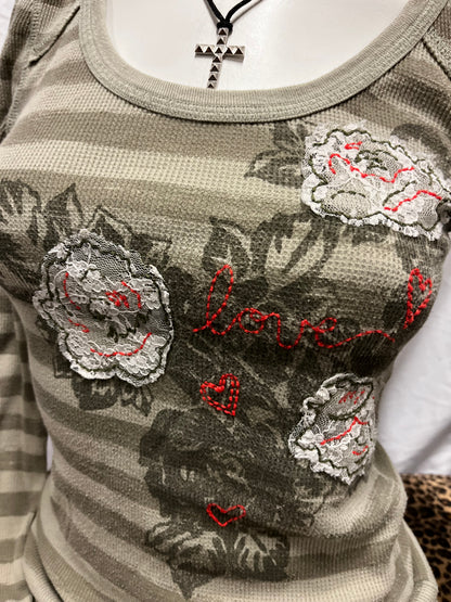 M - Decree Y2K Stripe + Flower Thermal Long Sleeve Top