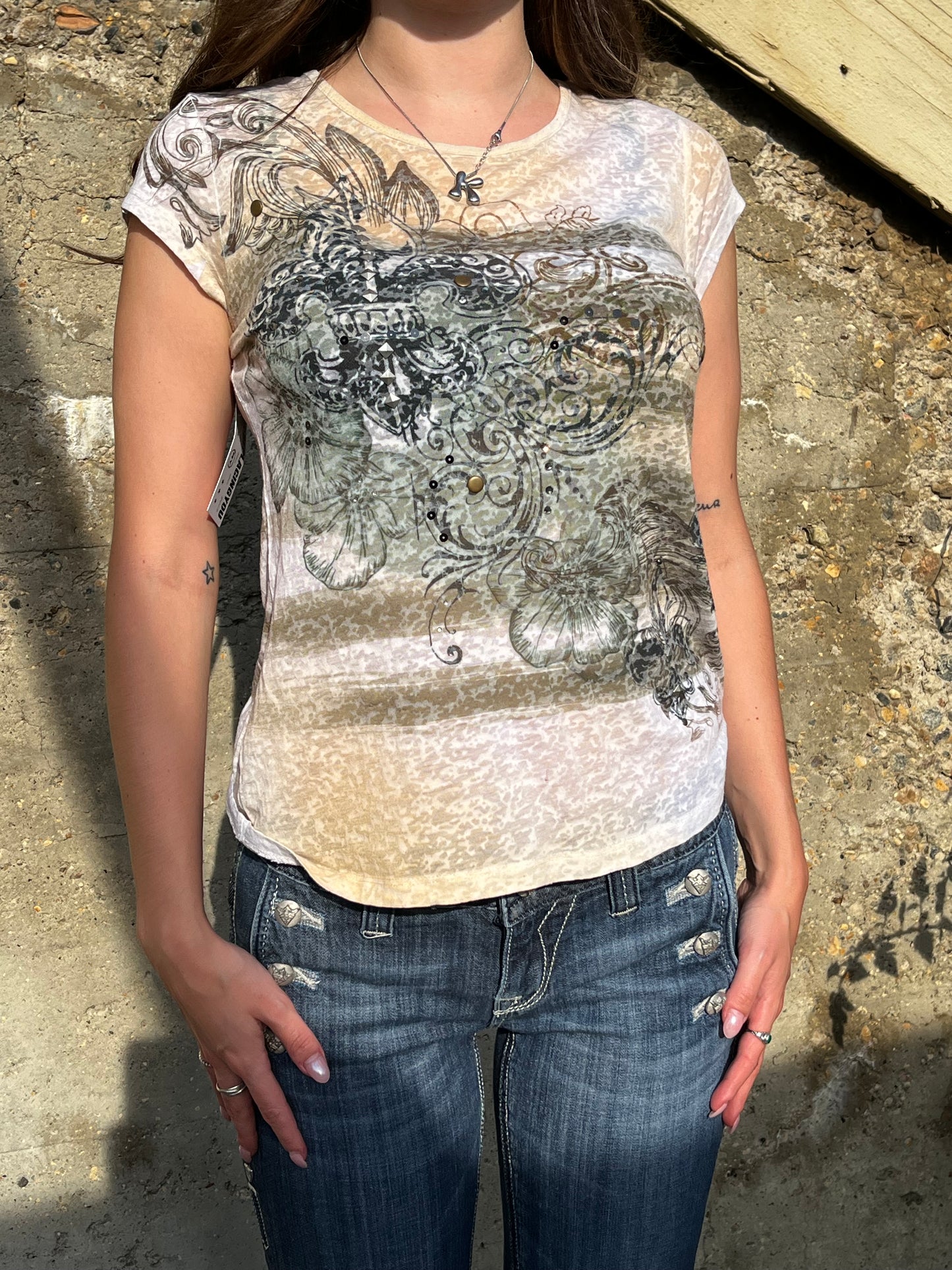 M - Eevee Y2K Rhinestone Fleur De Lis Top