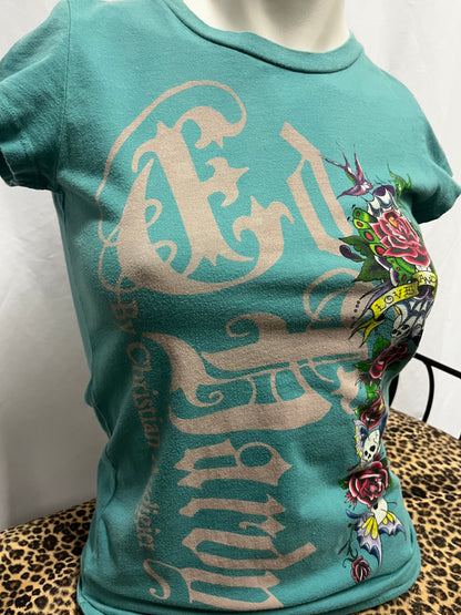 S - Ed Hardy Y2K Teal AOP Graphic Top