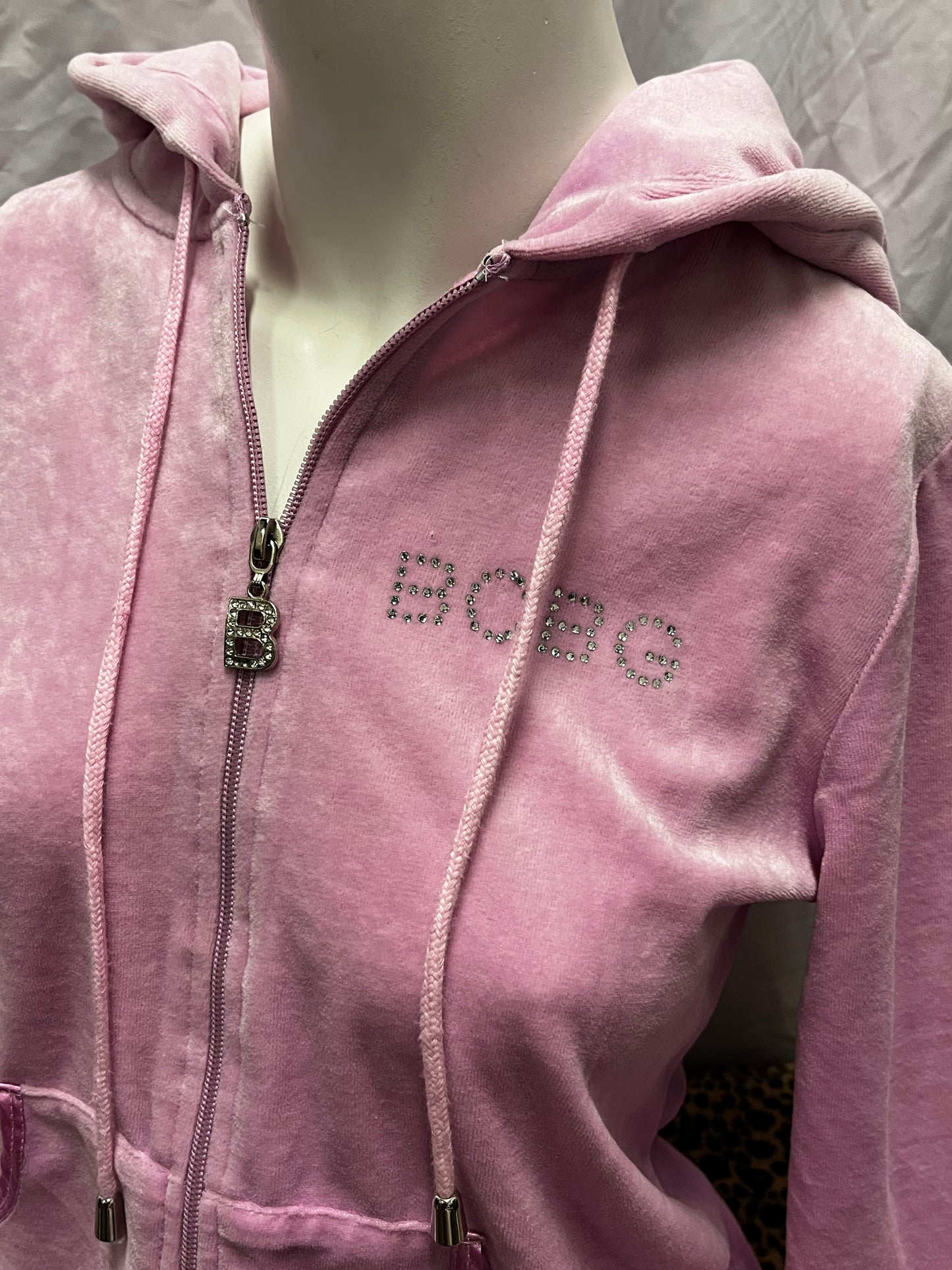 M - BCBG Y2K Pink Velour Rhinestone Zip Hoodie
