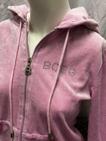 M - BCBG Y2K Pink Velour Rhinestone Zip Hoodie
