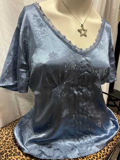 L - Jessica Blue Floral Satin Tie Blouse