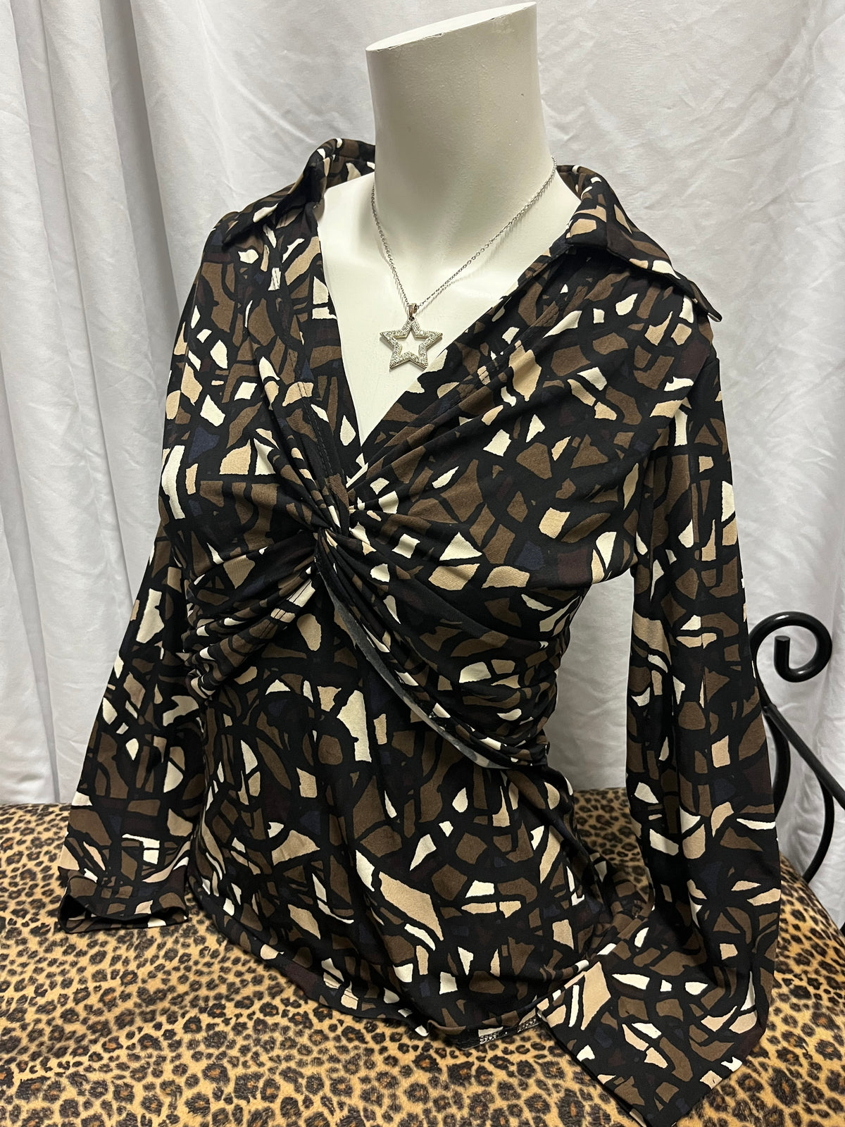 S - Nicki Y2K Brown + Black Patterned Knot Blouse