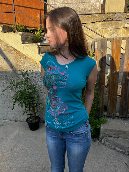 S - Rocker Girl Y2K Butterfly Graphic Top