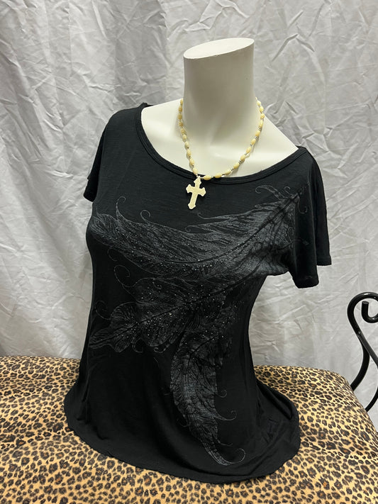 XS - Rhinestone Feather Graphic Top