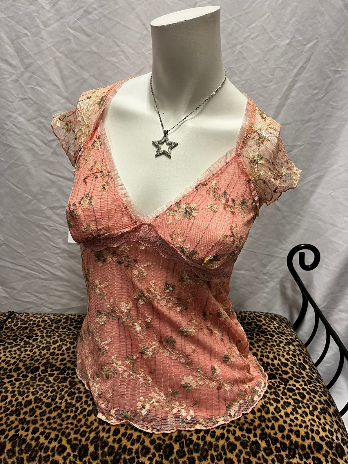 S - Suzy Y2K Lace Floral Overlay Pink Top