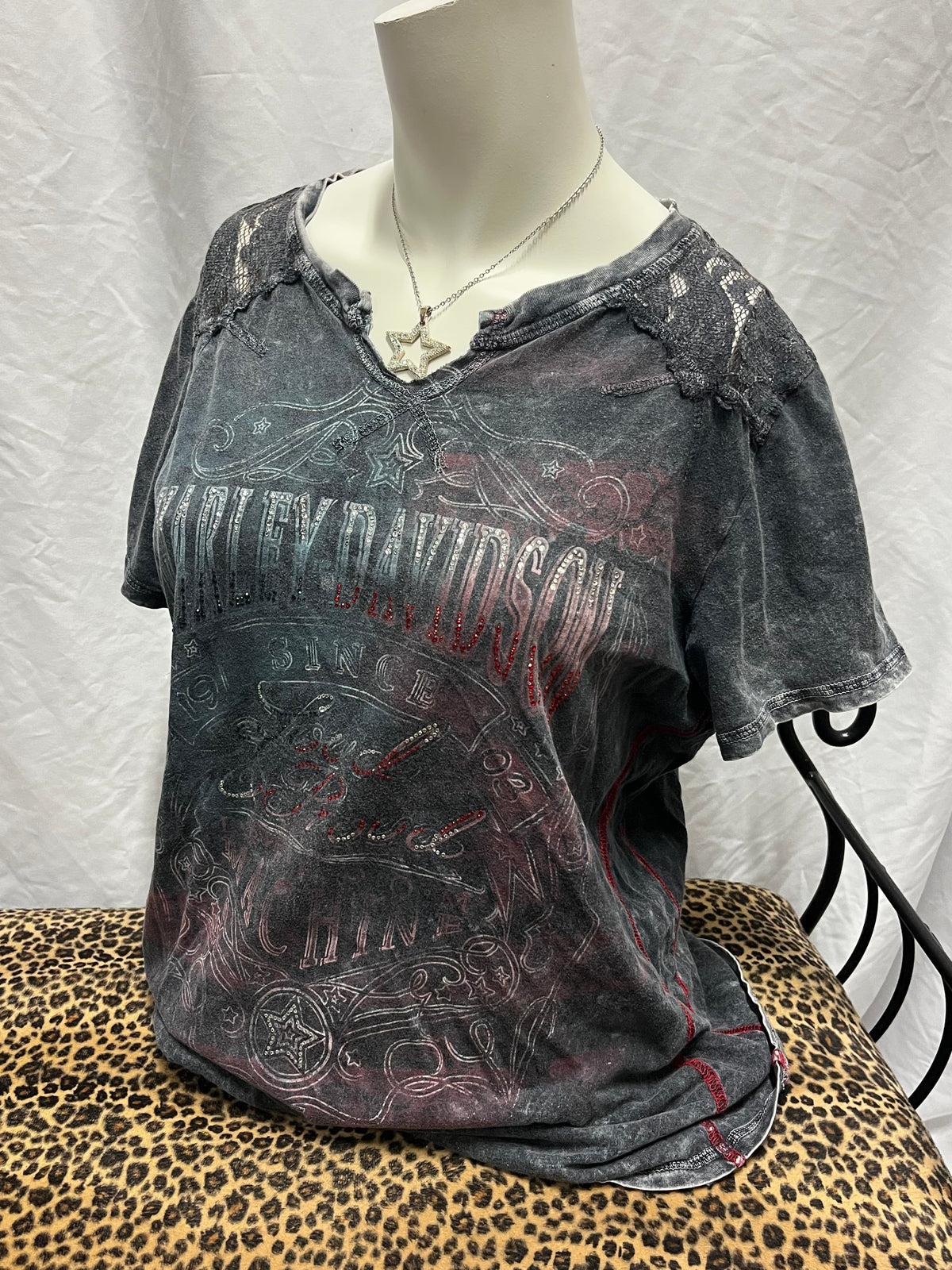 L - Harley Davidson Rhinestone + Lace Graphic Top