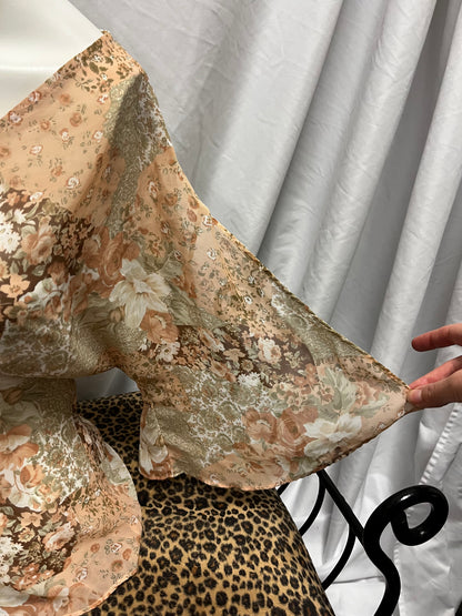 L - Rave Y2K Peach Floral Sheer Tie Blouse
