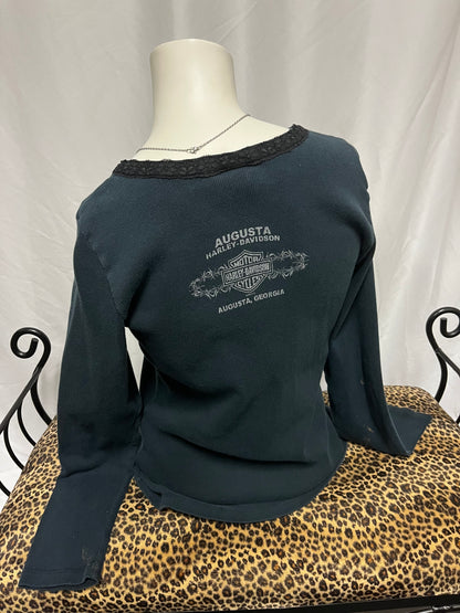 L - Harley Davidson Ribbed Lace Trim Long Sleeve