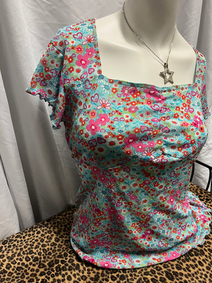 L - 90s Blue Floral Tie-Back Blouse