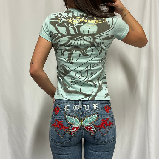 26” - People For Peace Y2K Embroidered Butterfly Low-Rise Jeans