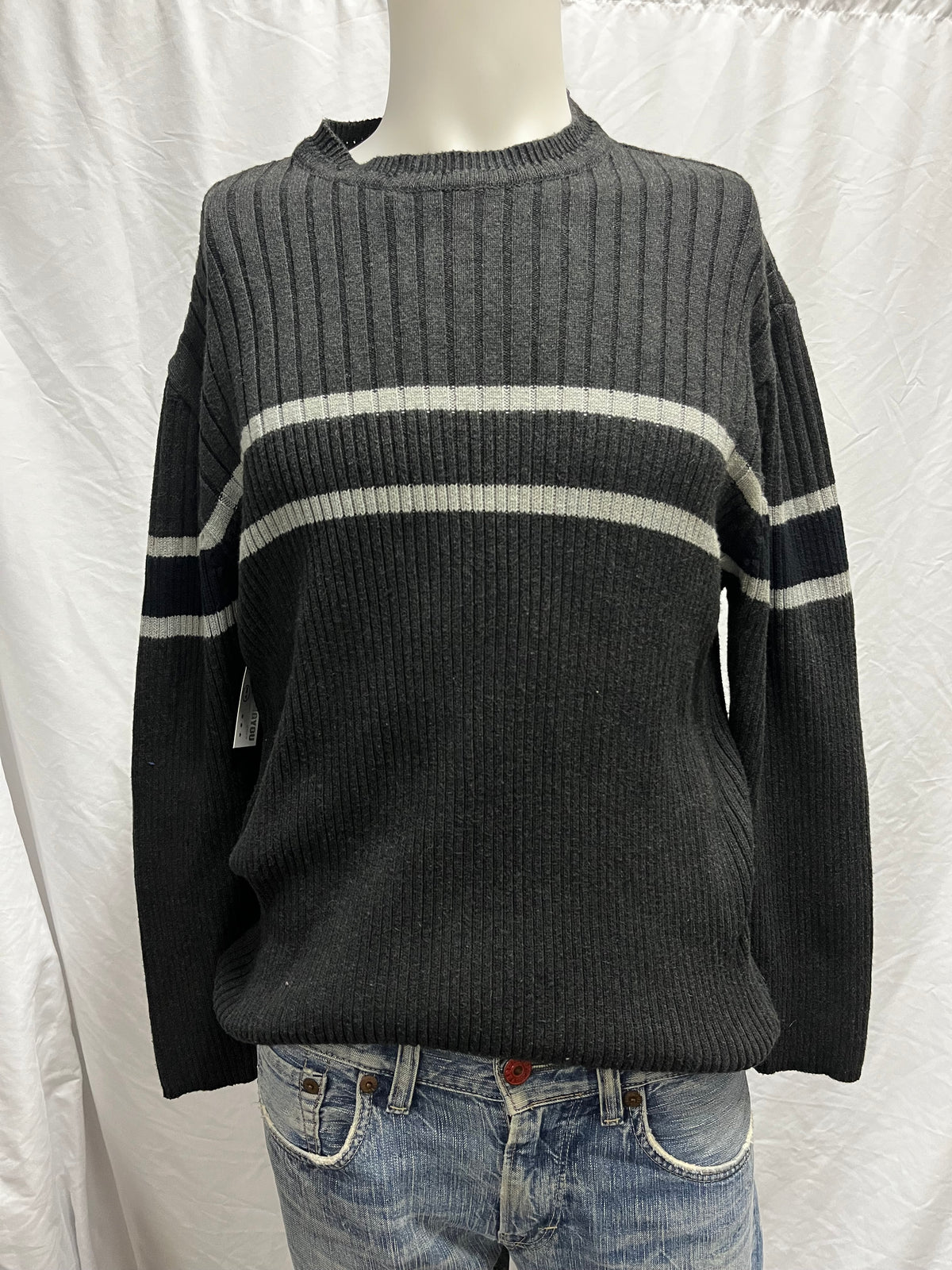 L - 90s Black + Grey Stripe Ribbed Knit Sweater