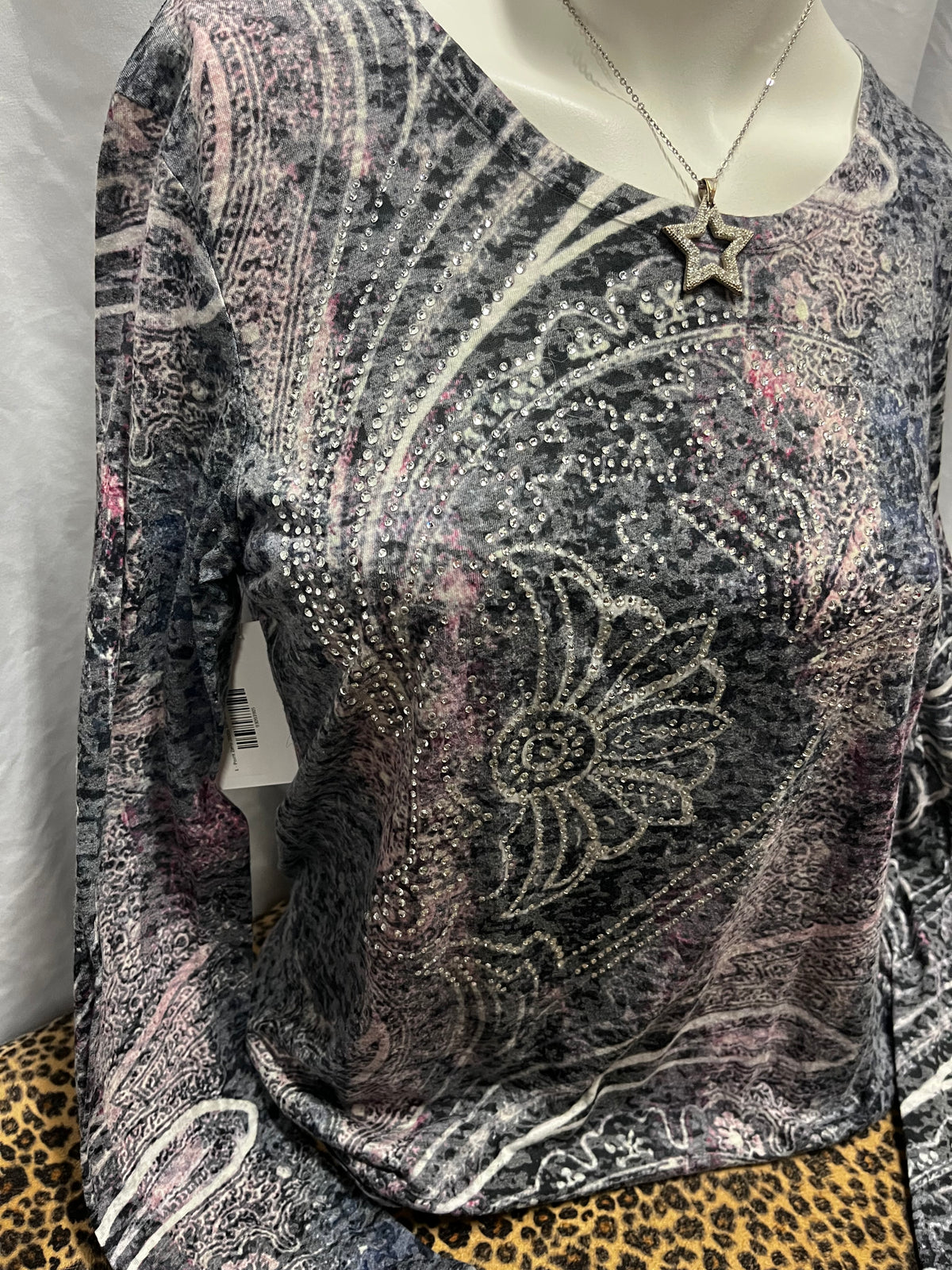 L - Point Zero 2000s Rhinestone + Lace AOP Graphic Top