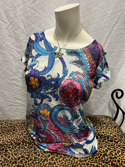 S - Colour Works Rhinestone Graphic AOP Top