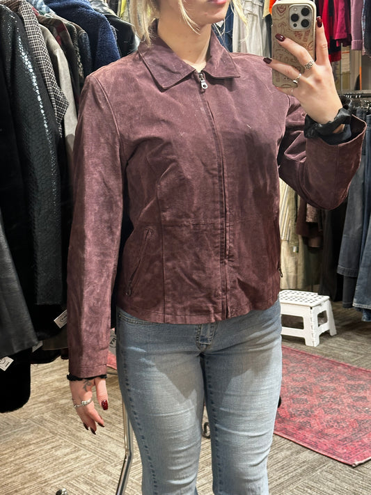 M - Plum Genuine Leather Suede Collared Zip Jacket