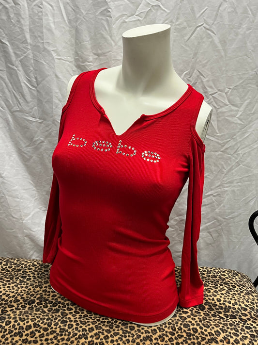 XS - BEBE Red Rhinestone Cold Shoulder Top