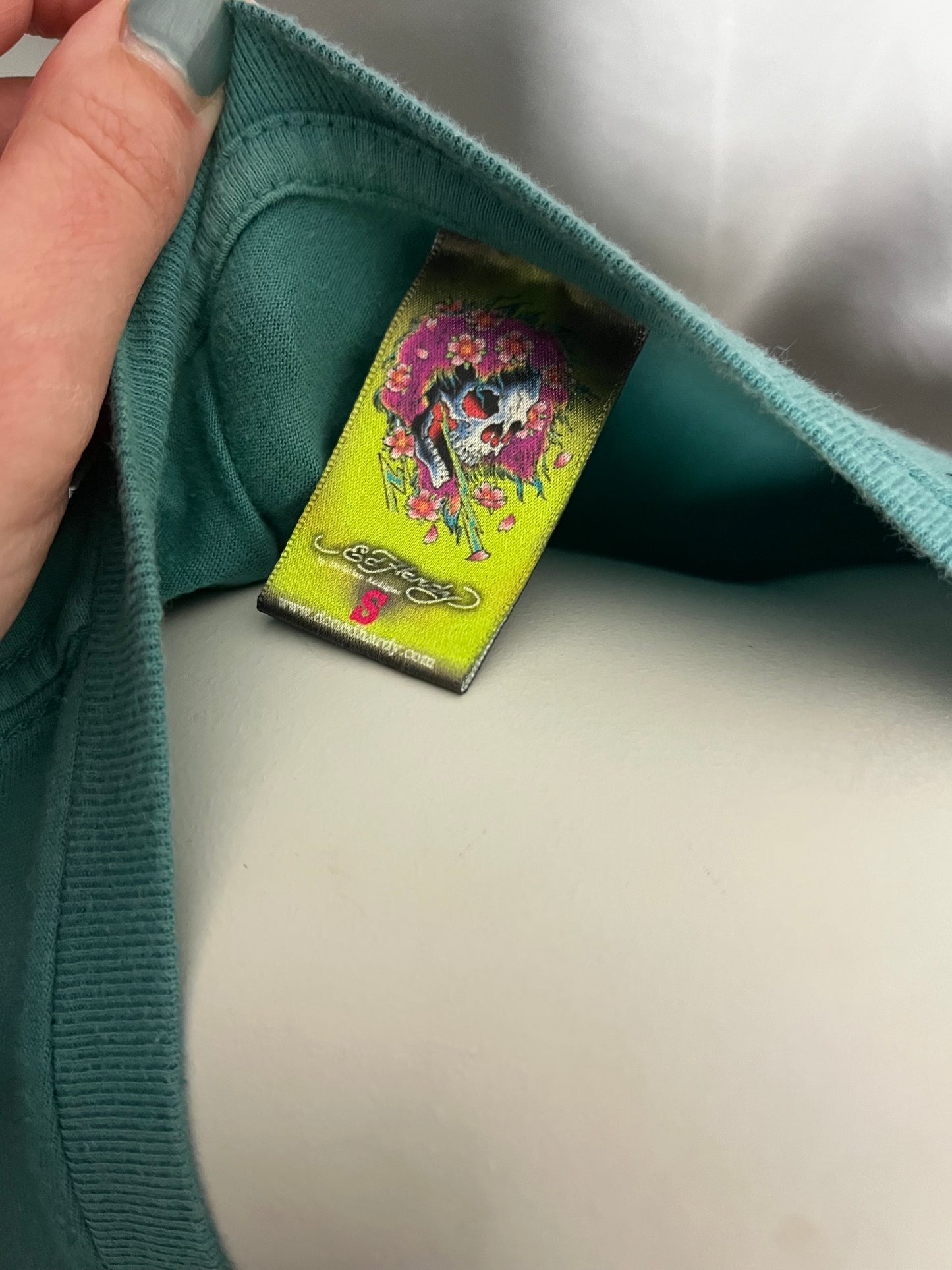 S - Ed Hardy Y2K Teal AOP Graphic Top