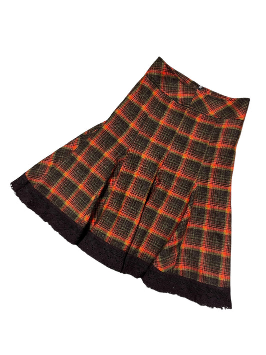 XS - Plaid + Lace Trim Wool Midi Skirt