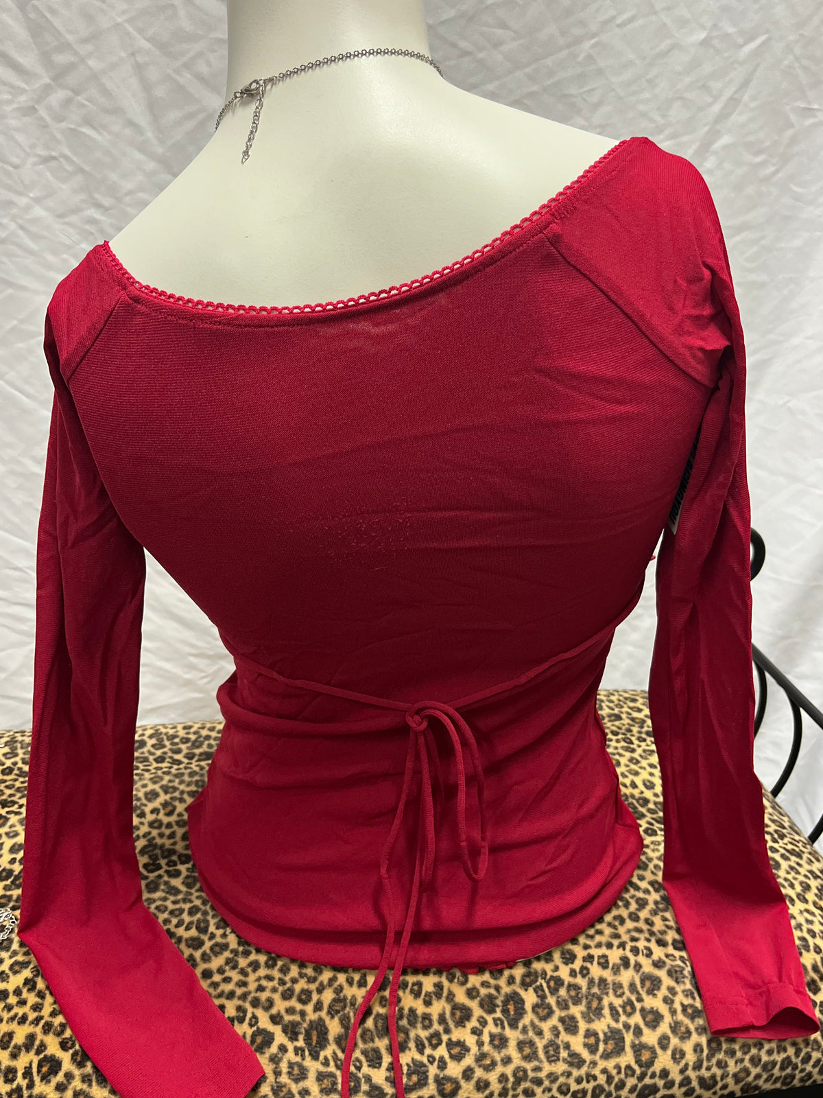 XS - Red Mesh Overlay + Lace Long Sleeve Top