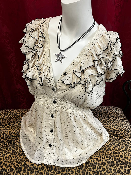 M - Polka Dot Ruffle Mesh Overlay Blouse