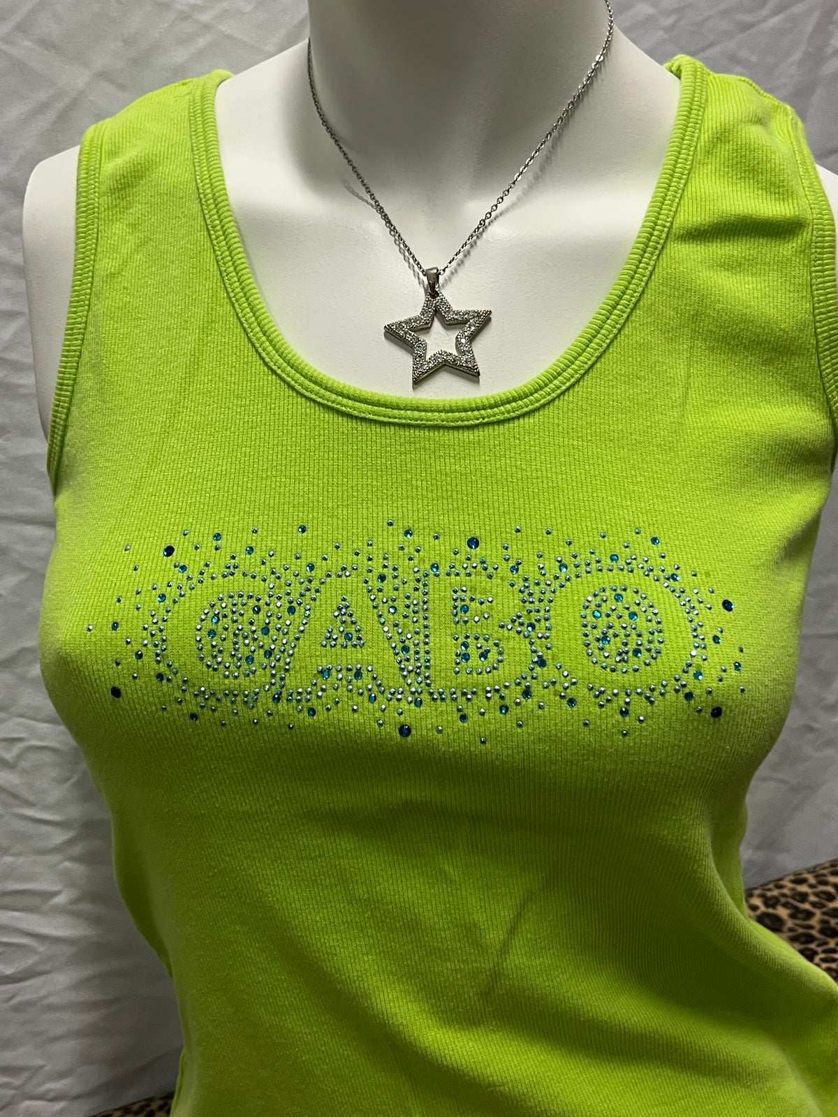 L - Cabo Y2K Green Rhinestone Graphic Tank Top