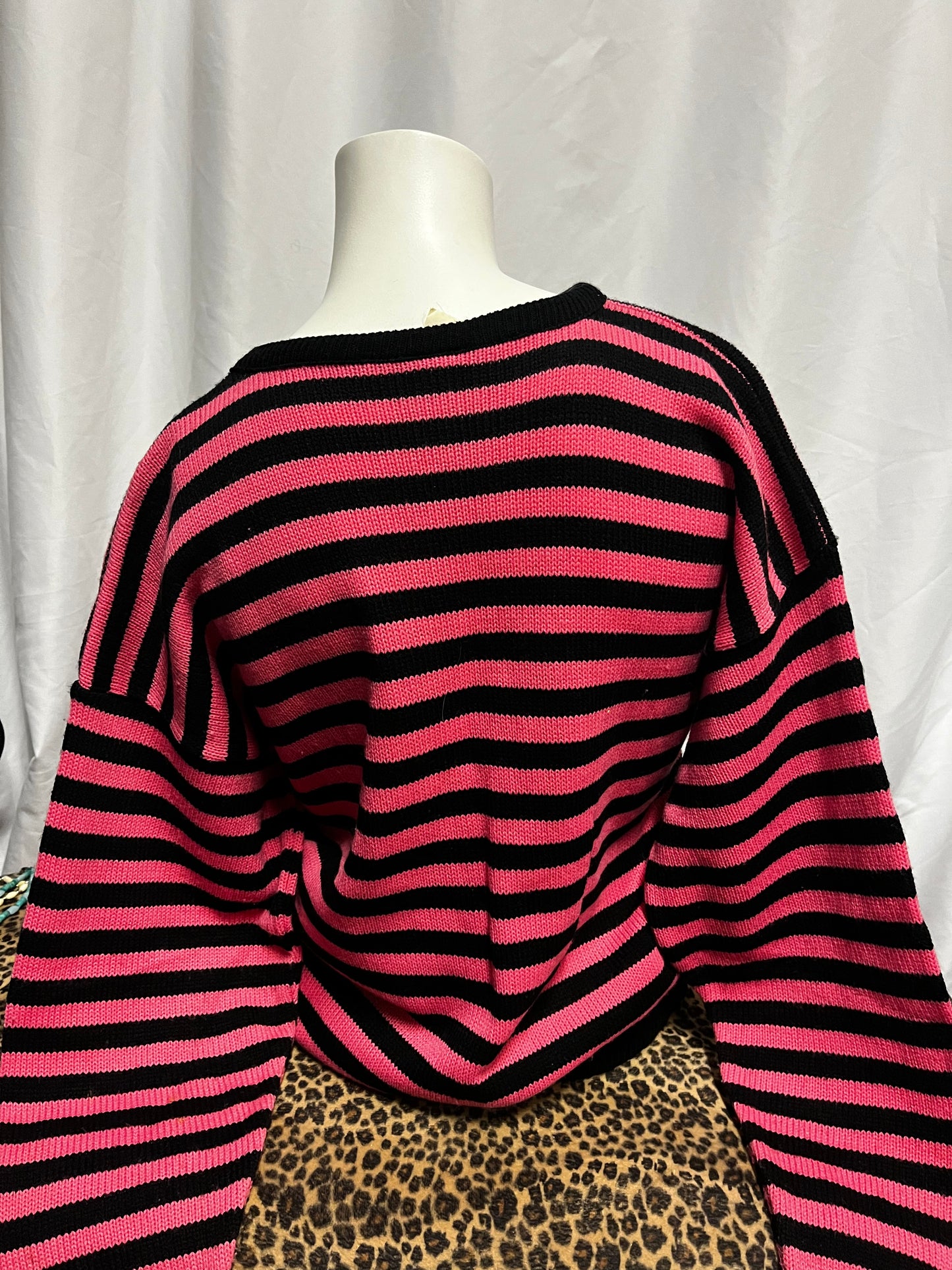 L - Islemode 90s Pink + Black Striped Knit Sweater