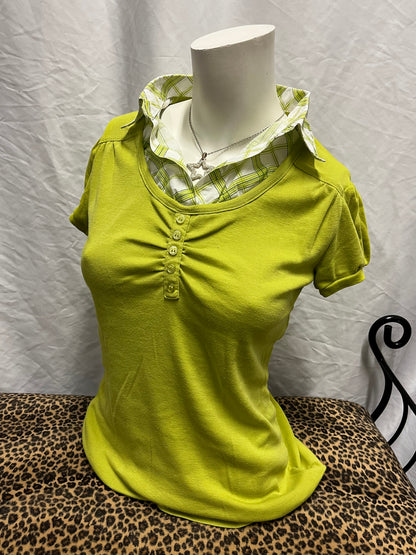 M - 212 Y2K Green Plaid Collared Blouse