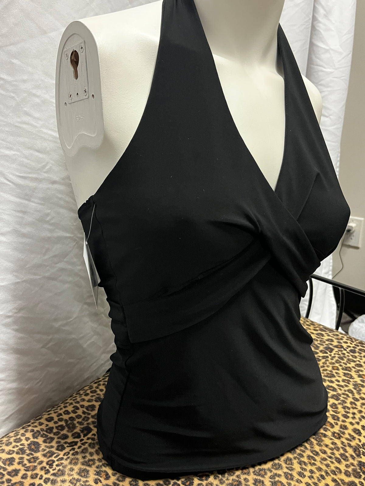 S - Charlotte Russe Y2K Black Halter Tie-Back Top