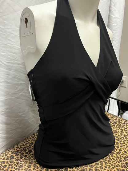 S - Charlotte Russe Y2K Black Halter Tie-Back Top