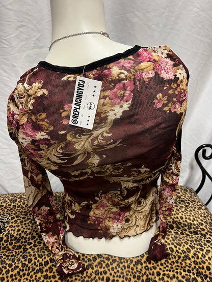 XS - Wet Seal Y2K Burgundy Floral Mesh Overlay Top