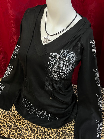 M - 2000s King Ink Rhinestone All-Over Knit Hoodie Top
