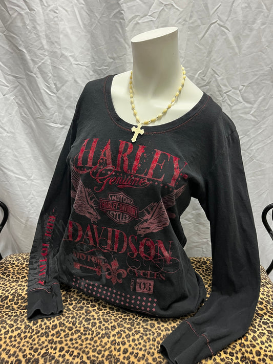 L/XL - Harley Davidson 2000s Red Shimmer Long Sleeve Top