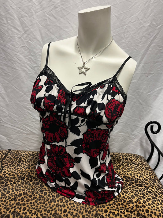 M/L - Candie's Y2K Red + Black Lace Detail Cami Top