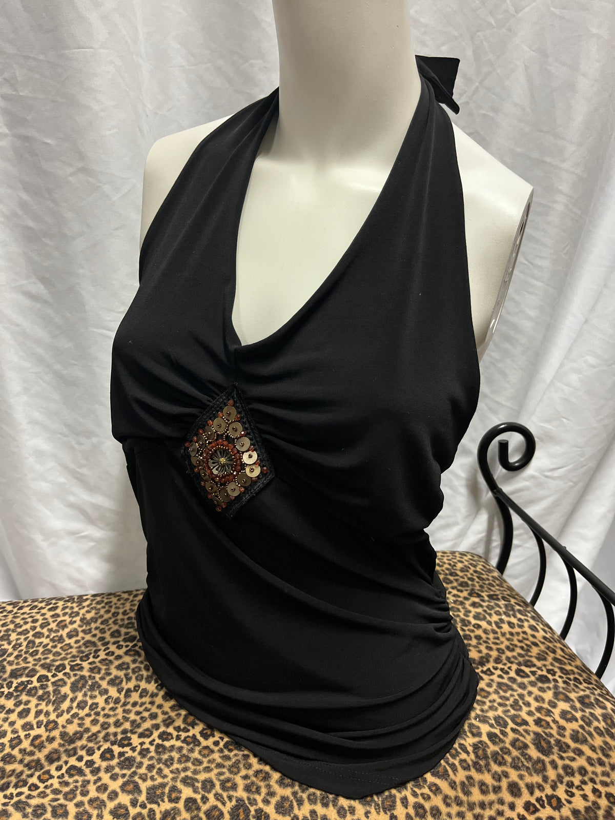 M - Y2K Bead Pendant Black Halter Top