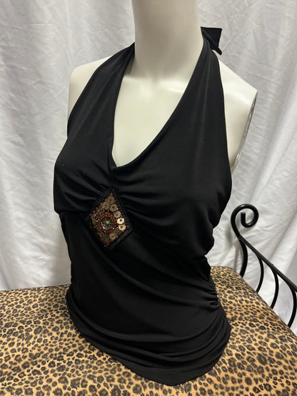 M - Y2K Bead Pendant Black Halter Top