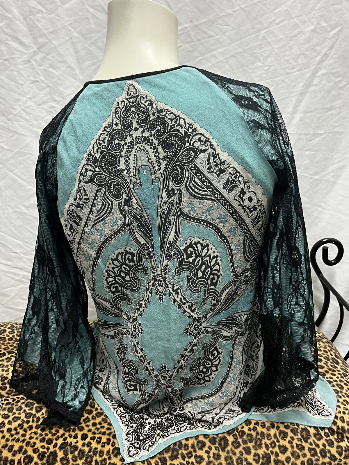 S - City Girl Y2K Blue + Black Belle Sleeve Blouse