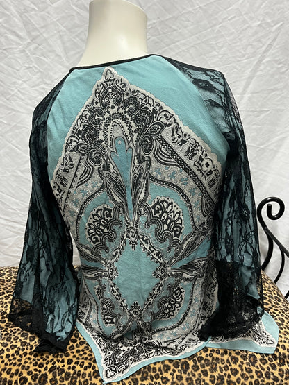 S - City Girl Y2K Blue + Black Belle Sleeve Blouse