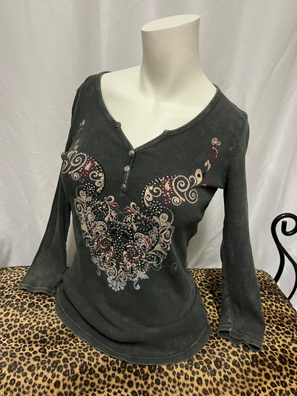 M - Y2K Rhinestone Graphic 1/4 Button Ribbed Top