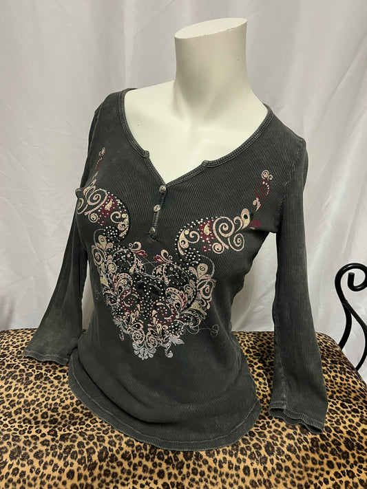 M - Y2K Rhinestone Graphic 1/4 Button Ribbed Top