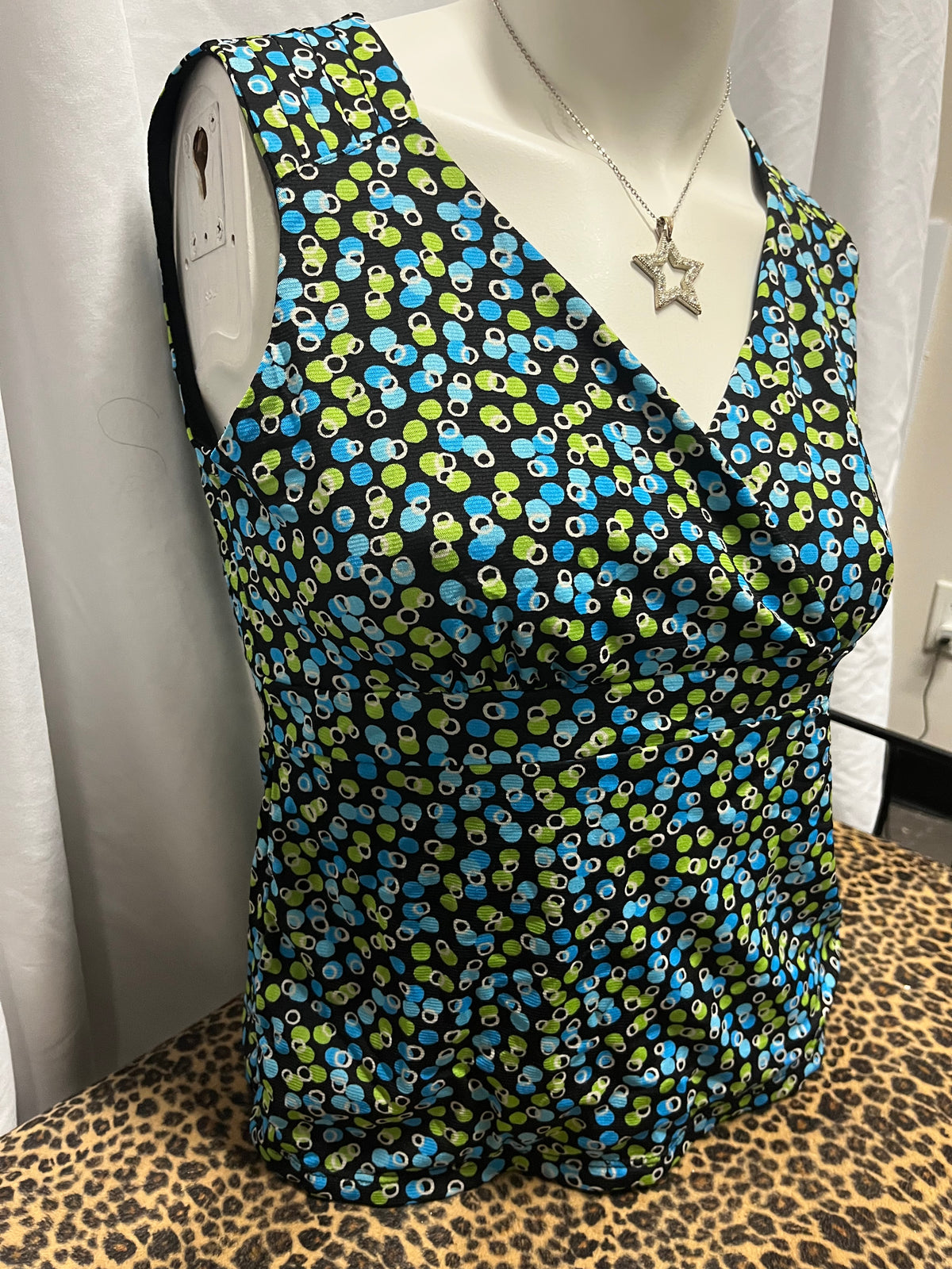 S - Charter Club Y2K Black Green Blue Mesh Overlay Top