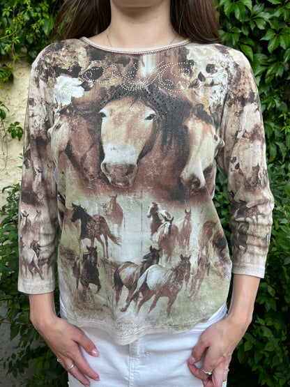 M - Cactus 2000s Horse Rhinestone Graphic 3/4 Sleeve Top