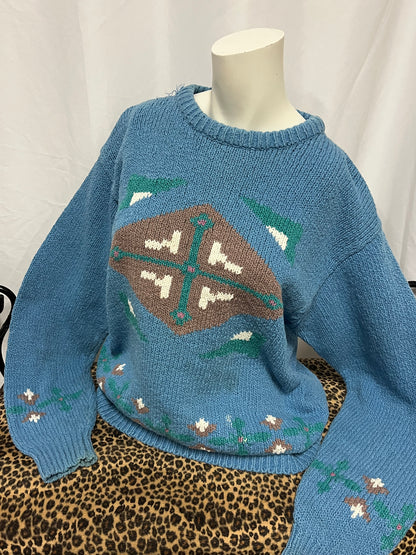 M - Alexander Jek 80s Hand-Knit Cotton Folk Patterned Sweater