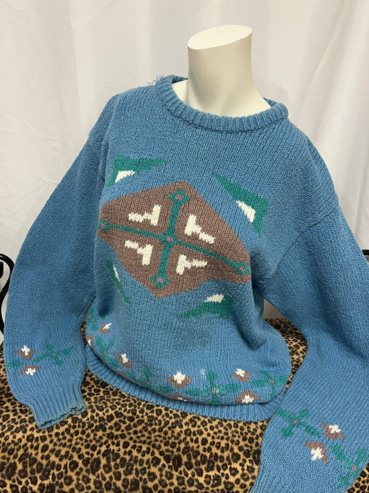 M - Alexander Jek 80s Hand-Knit Cotton Folk Patterned Sweater