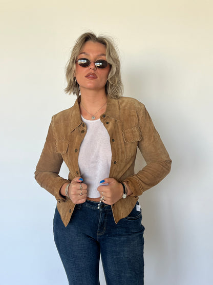 Beige Suede Button Up Vintage Leather Jacket