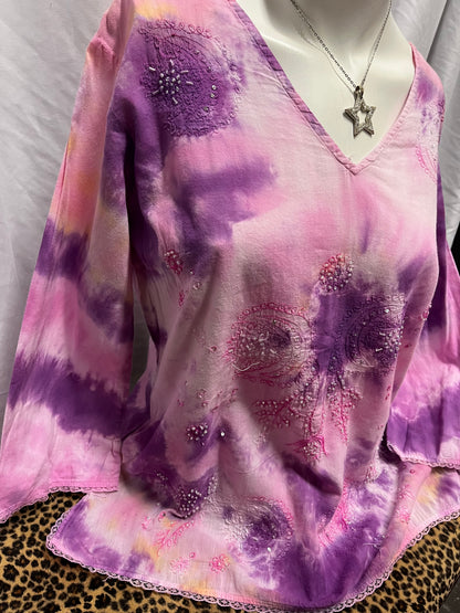 M - Pink + Purple Beaded Tie Dye Blouse