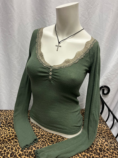 S - Out From Under Green Lace Trim Henley Top