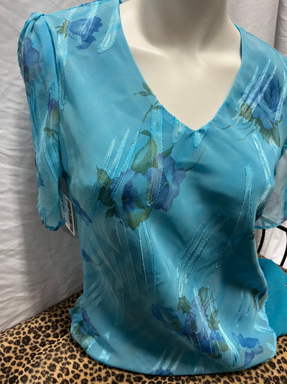 M - Fitted 90s Blue Floral Sheer Overlay Blouse